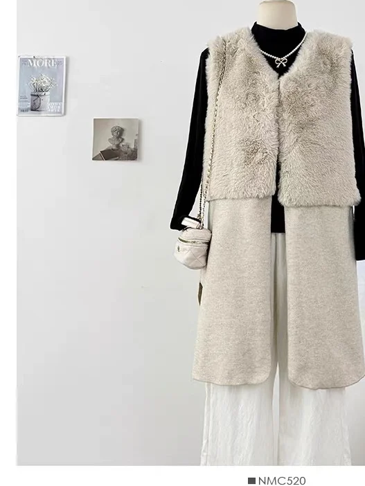 

Шикарный шерстяной жакет миди, женский модный антивозрастной универсальный пушистый лоскутный жилет Ele Ladylike Sle