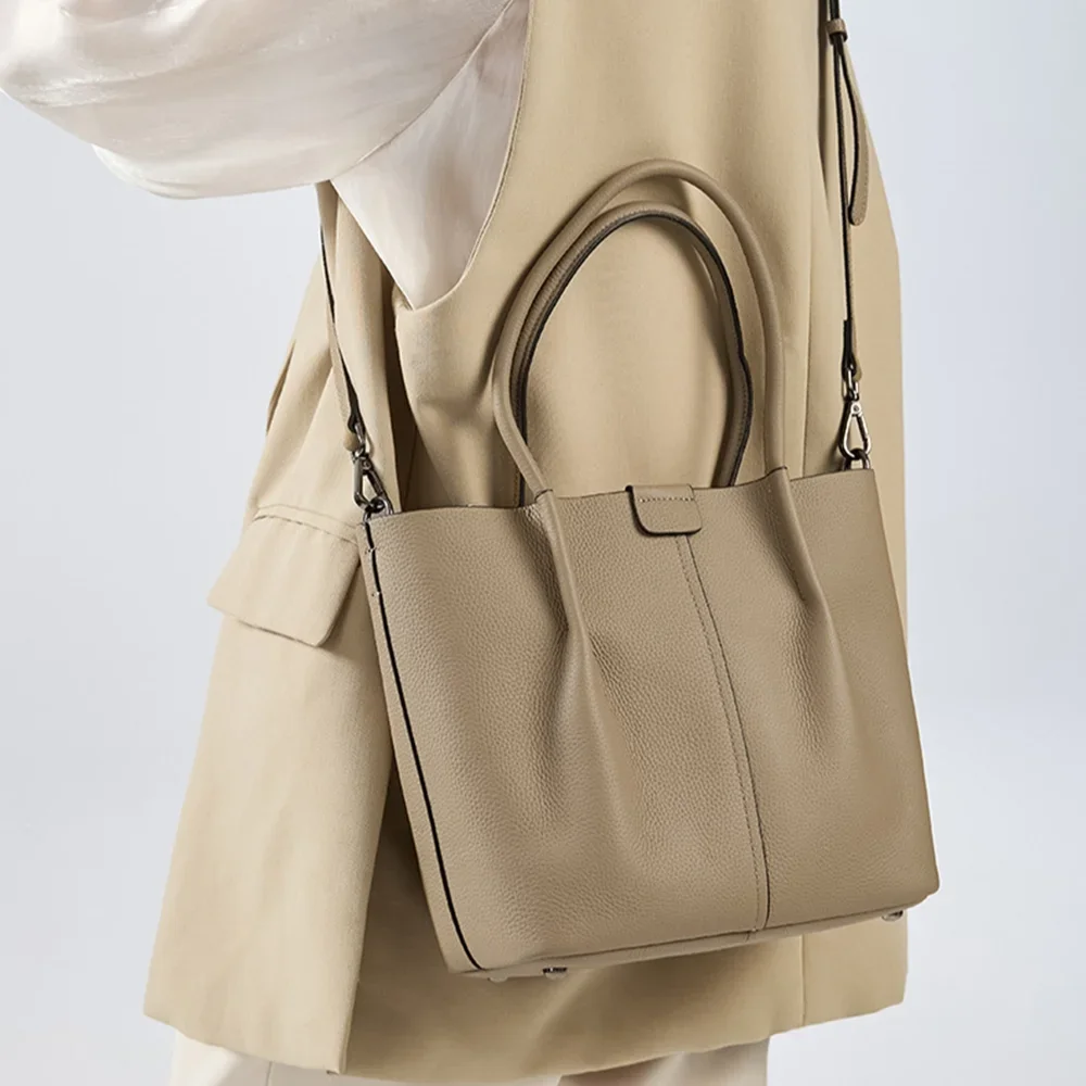 

Elegant Beige Genuine Leather Tote Bag For Women Cowhide Handbag With Adjustable Shoulder Strap Stylish Daily Bag