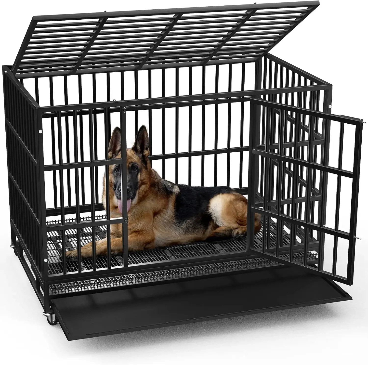 LEMBERI 48/38 inch Heavy Duty Indestructible Dog Crate, Escape Proof Dog Cage Kennel with Lockable Wheels,High Anxiety Double