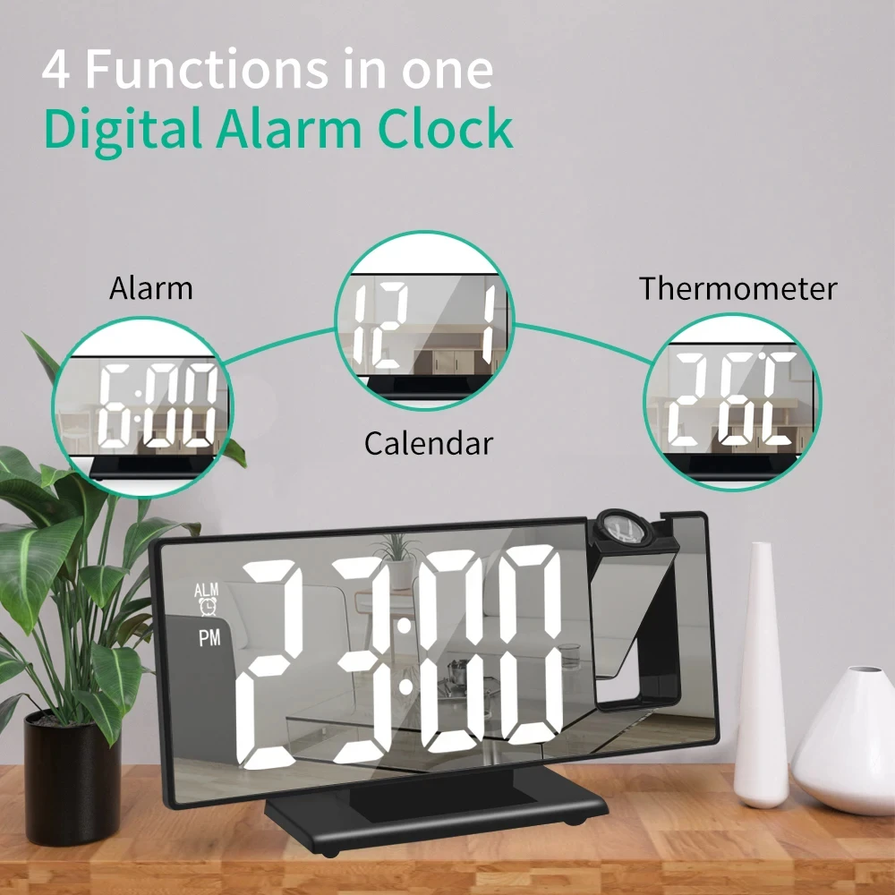 Hot Sale 180° Adjustable Arm Projection Alarm Clock USB Powered LED Digital Clock Time Temperature Snooze 12/24H Bedroom Desk Cl