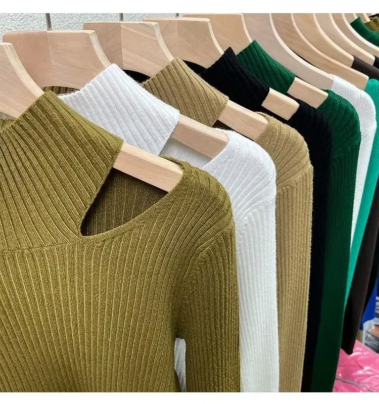 Blusa elegante de punto para mujer, jerséis ahuecados, Sexy, ropa coreana para mujer, camisa de fondo de manga completa sólida, Otoño e Invierno