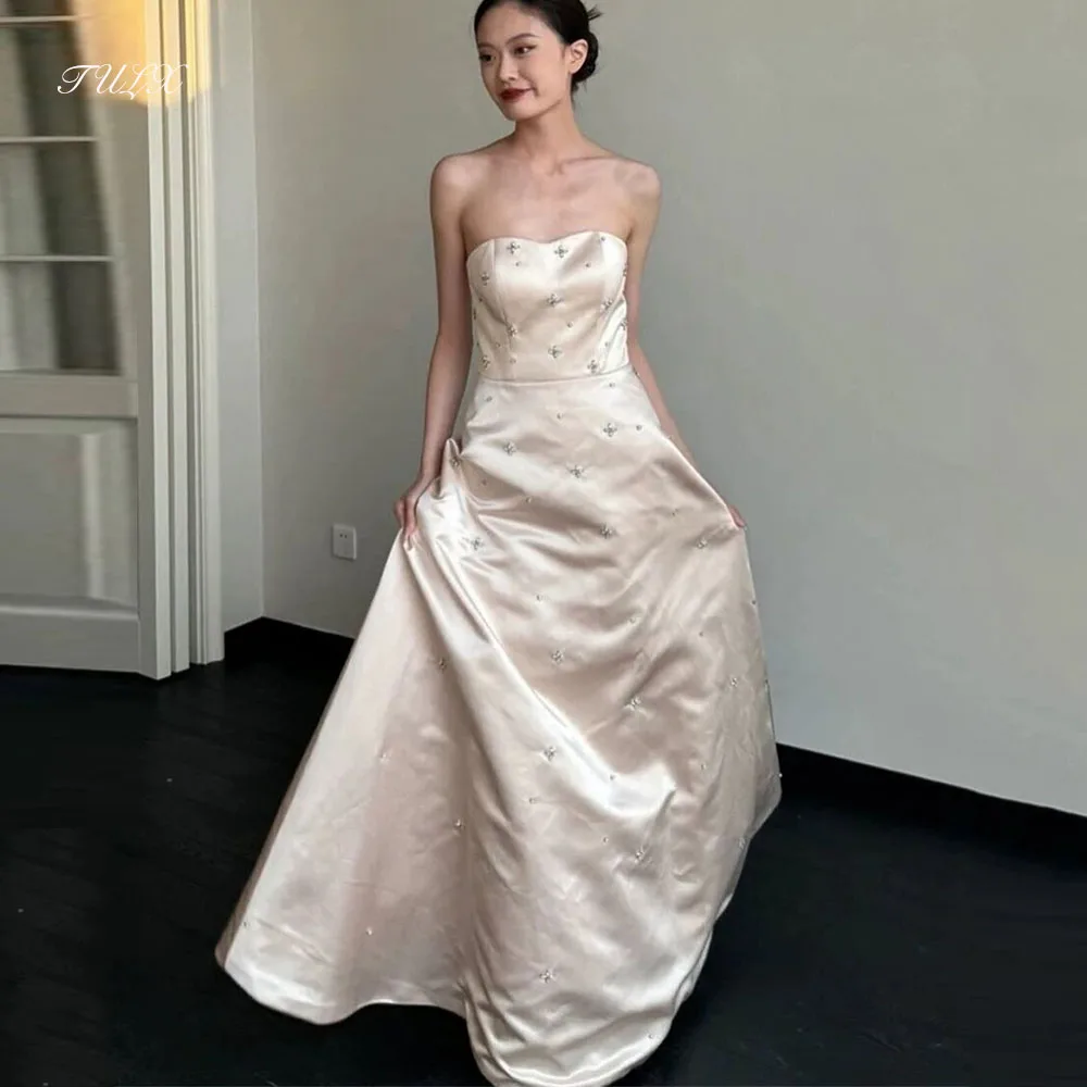 TULX Princess Satin Diamond Wedding Dress Korea Photo Shoot Sweetheart A line Floor Length Bridal Party Dress Corset Customized