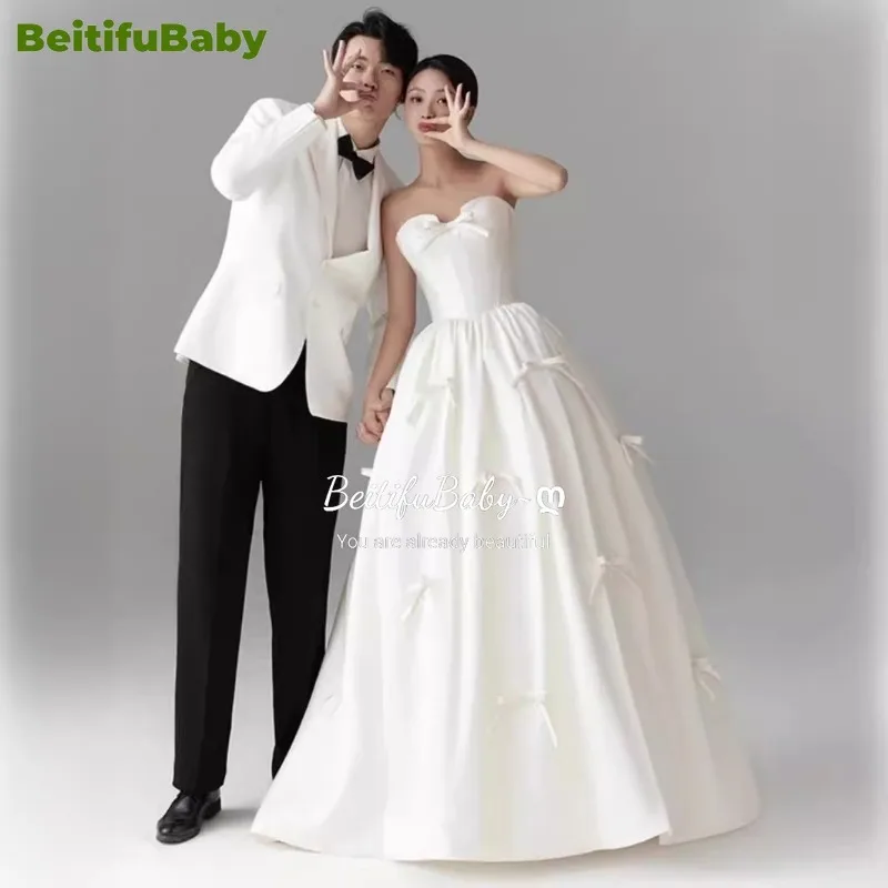 BeitifuBaby-Vestido de novia de satén para mujer, traje elegante sin tirantes con lazo, sin mangas, estilo francés