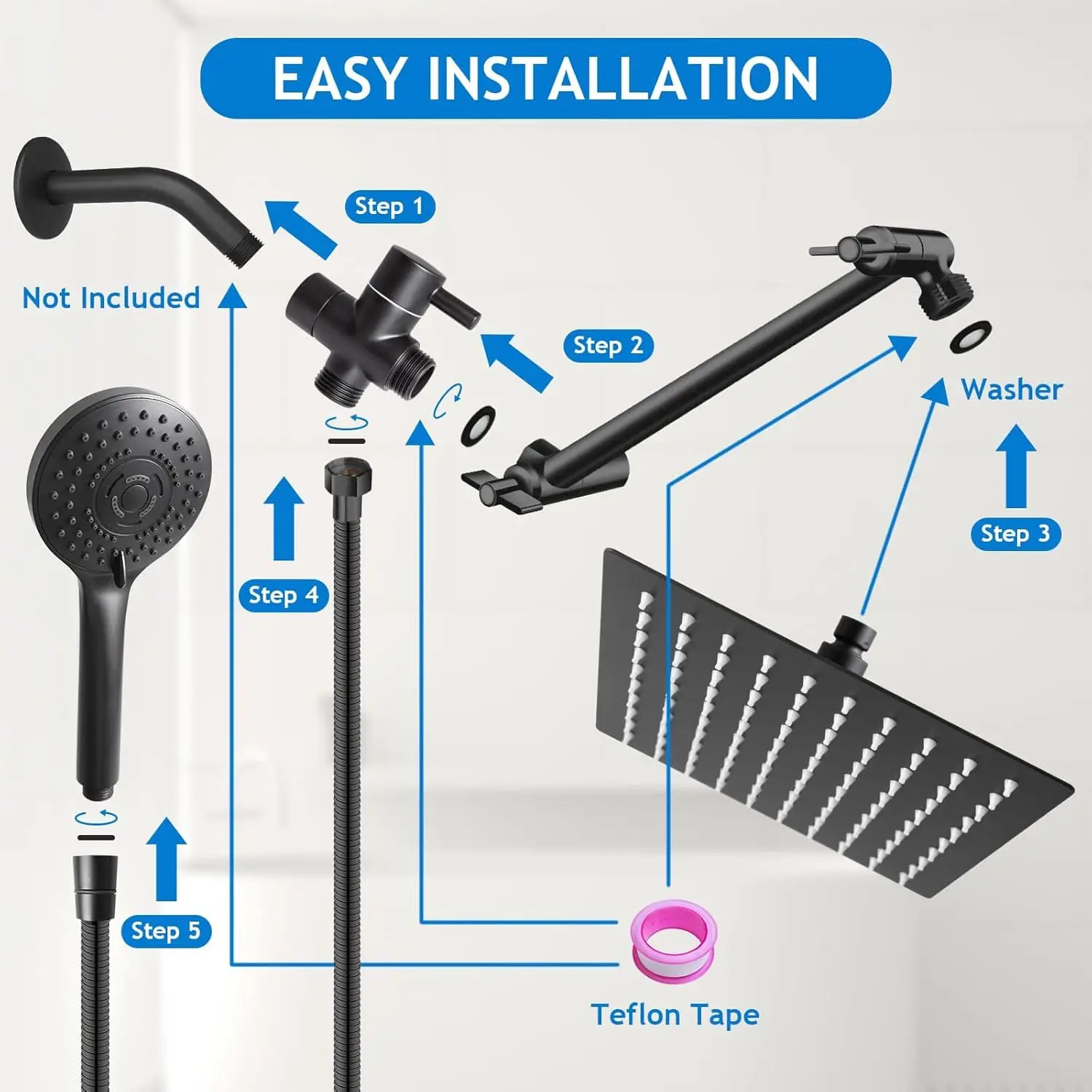 Hoge lagedruk waterregendouchekop met 11 inch verstelbare verlengarm en 5 instellingen Handheld combo matzwart