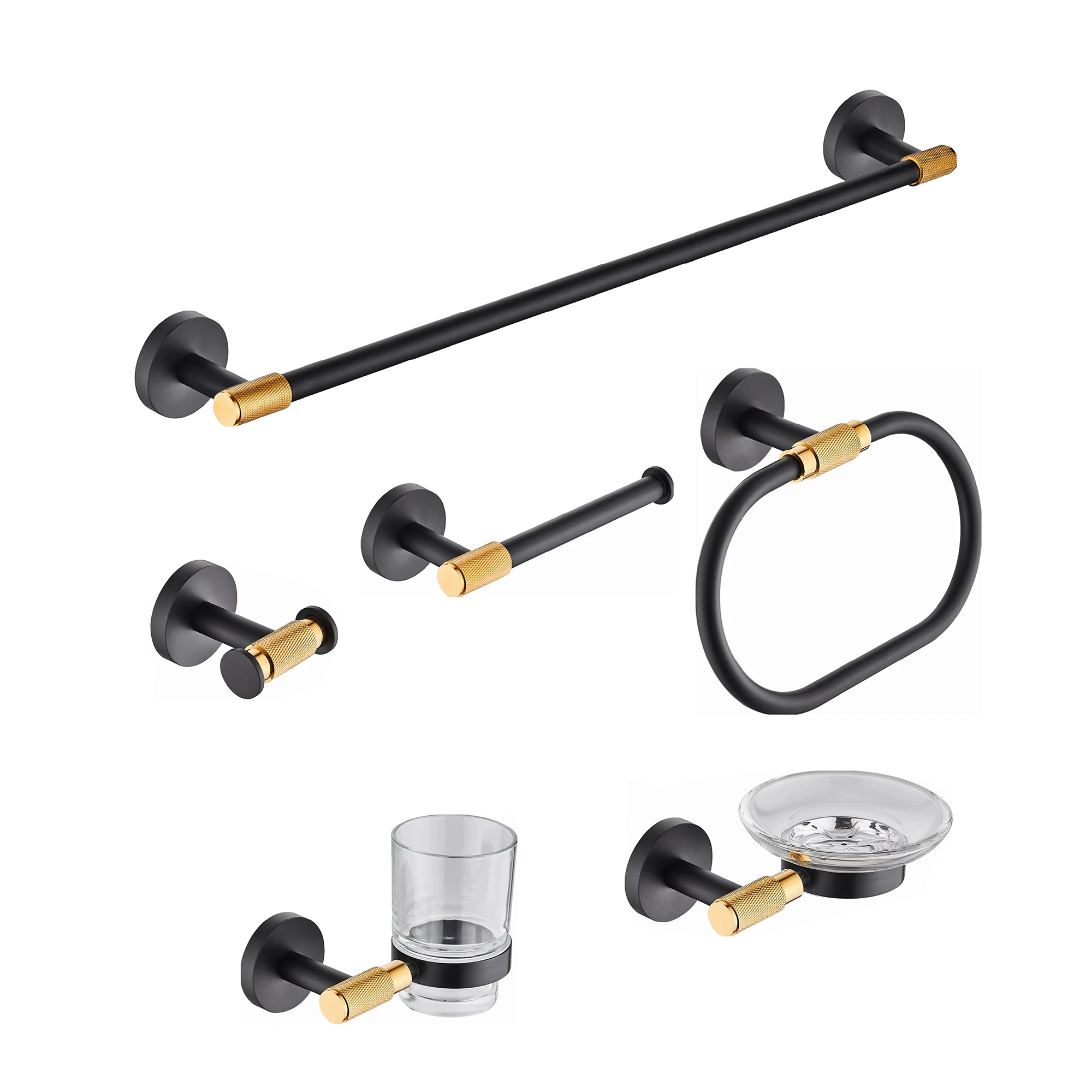 

Wholesale Hotel Bathroom Hardware Accessory Set Black Gold Wall Mounted Bathroom Accessories Set