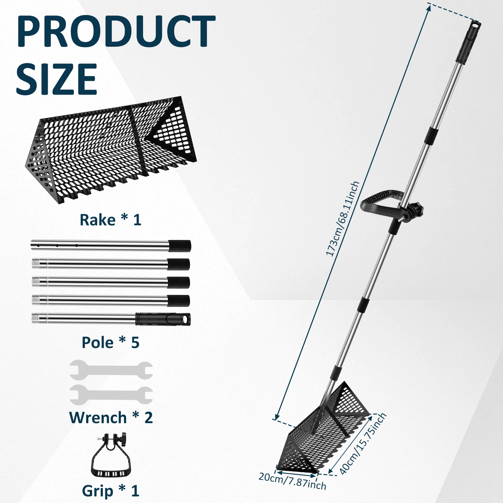 Setaccio per sabbia portatile Rastrello in acciaio inossidabile Raccoglitore efficiente per granchi con manico staccabile da 134/173 cm per la ricerca di granchi con sabbia da spiaggia