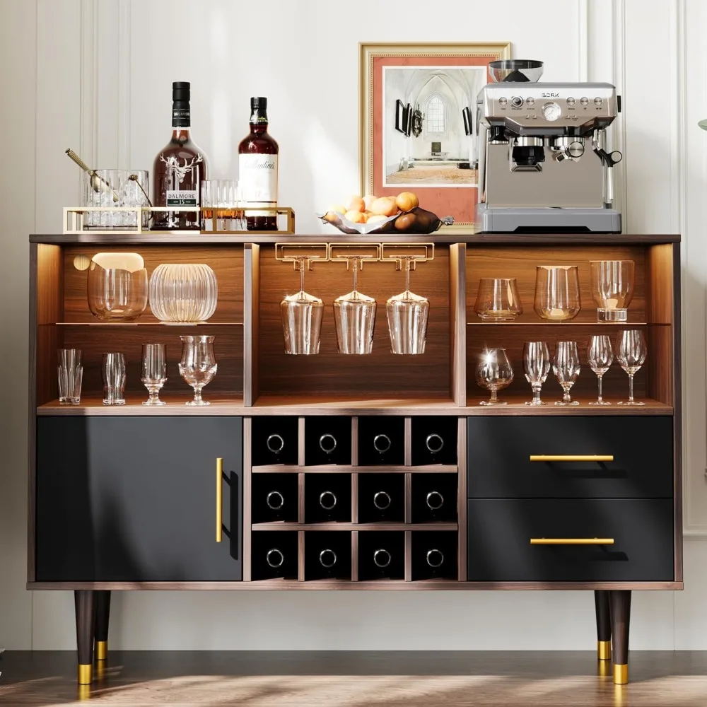 Bar Cabinet, 47 inch Walnut - Modern Cabinet with LED Light Charging Station, Buffet Table, Coffee Bar & Storage