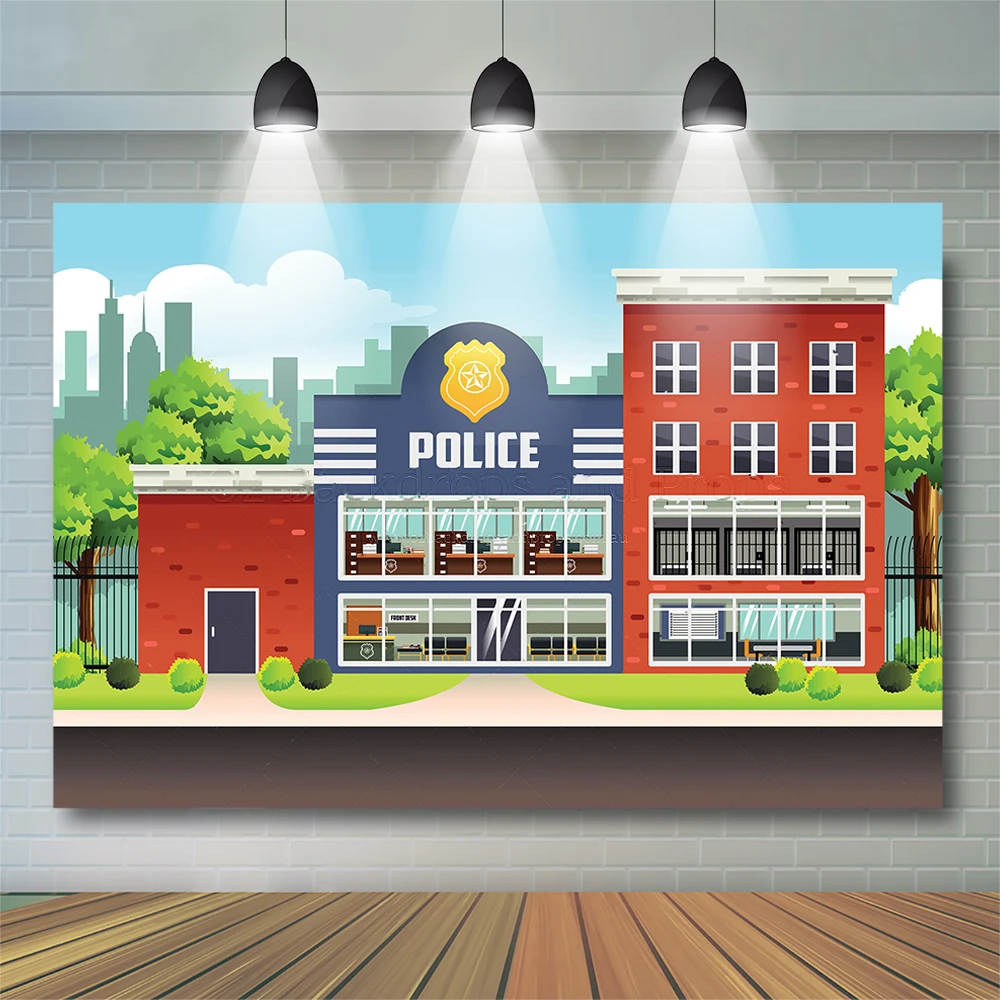 

Police Theme Photography Backgrounds Kids Birthday Cake Smash Props Baby Cartoon Boy Party Police Station Policeman Backdrop