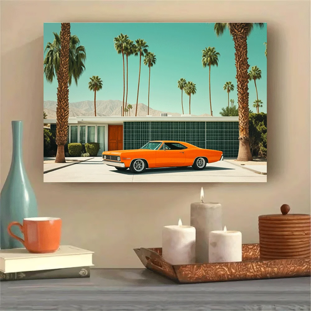 1 póster de lienzo sin marco para decoración de pared, coche deportivo naranja, palmeras, vista del desierto, estilo retro vintage de California