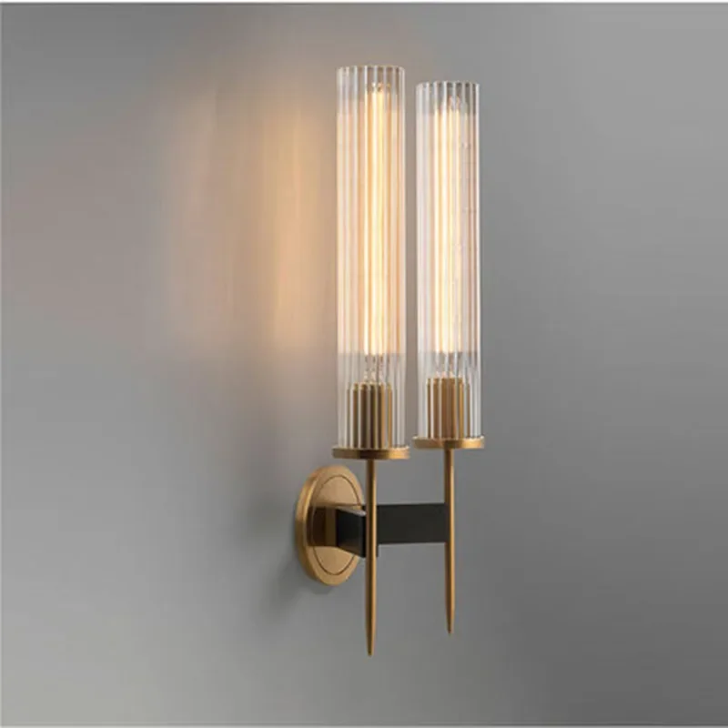 현대 황동 벽 램프 Sconce 늑골이있는 긴 유리 빈티지 레트로 구리 호텔 레스토랑 로프트 바 침실 머리맡 허영 벽 조명