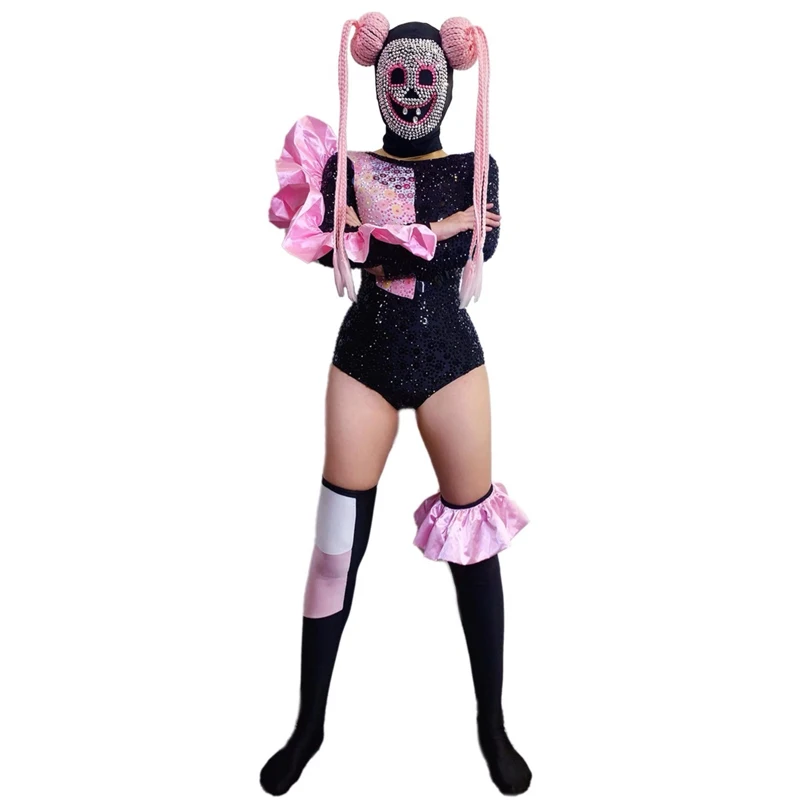 

Хэллоуин бар ночной клуб DJ одежда для танцев на пилоне косплей стразы боди череп головной убор женский костюм танцовщицы Gogo XS10051