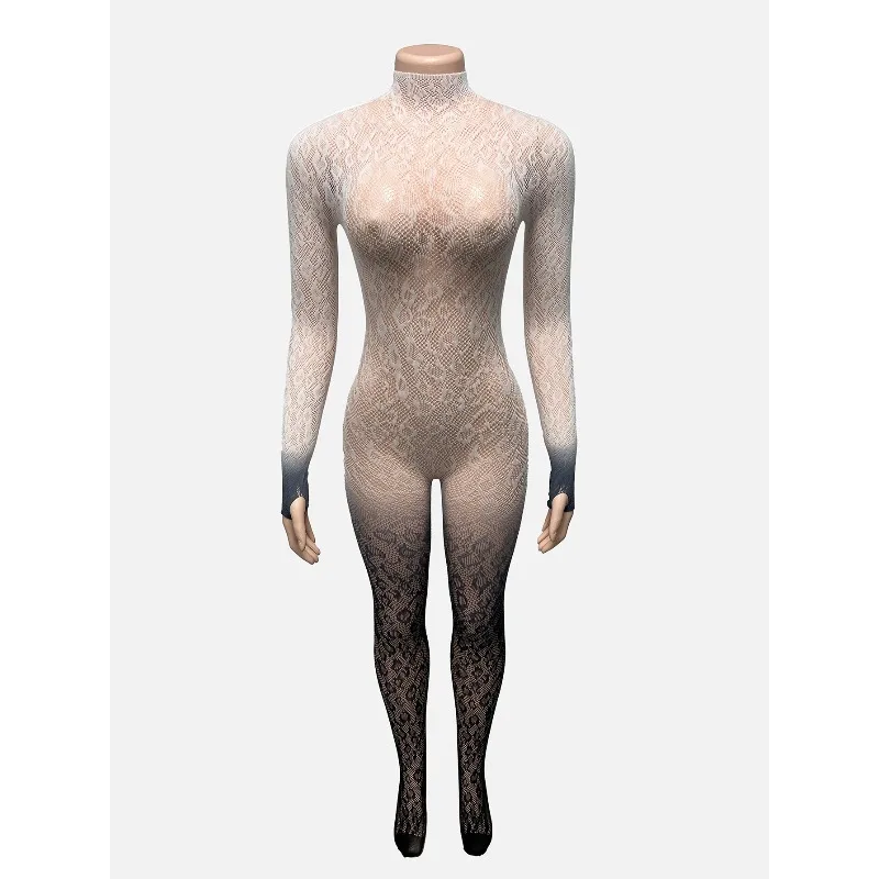 2025 가을 그라데이션 패치워크 백리스 니트 레이스 스키니 점프수트 여성 O넥 긴팔 섹시 스파이시 걸즈 클럽웨어 롬퍼