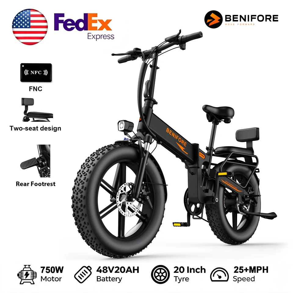 Folding Electric Bike for Adults, 2 Seater Ebike Designed | 48V20Ah Battery 35MPH 65 Miles, 20*4 Inch Fat Off Road Tire Folding Ebikes with NFC Unlock & UL Certificated