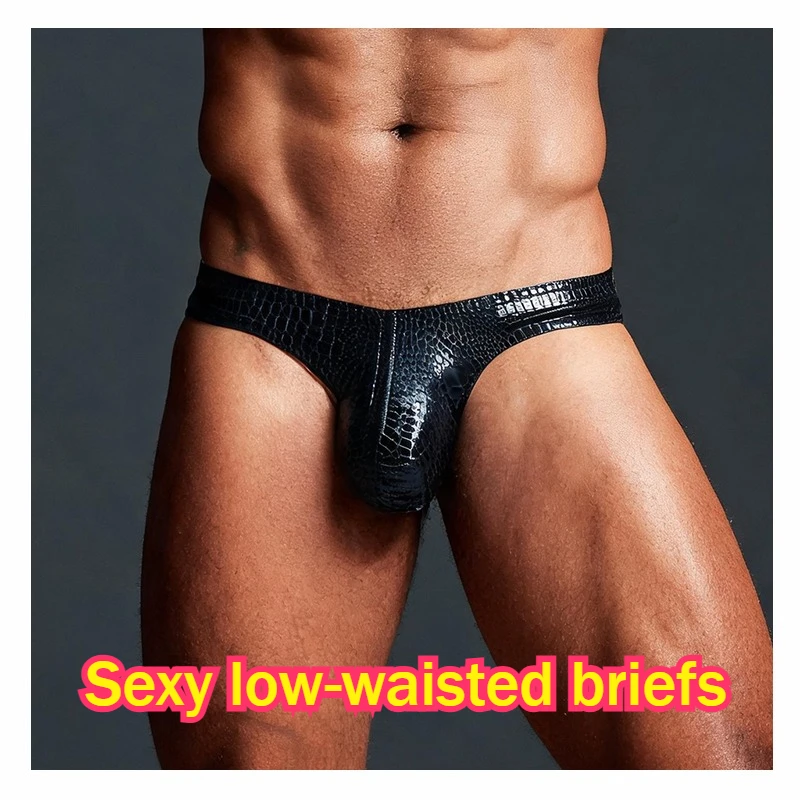 2PCS Men's Sexy Big Pouch Trainning Shorts with Snakeskin Print Black Low Rise Bikini Briefs Gay Sissy Clubwear Mini Panties