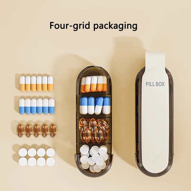 2 In1Pill Box with Pill Cutter 4 Grids Portable Daily Compact Medicine Dispenser Sealed Mini Clear Tablet Taker for Home Travel