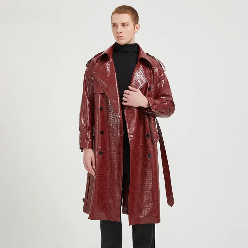 Nerazzurri Men's Long PU Leather Jacket with Belt Double Row Buttons British Style Fashion Urban Autumn Winter Coat