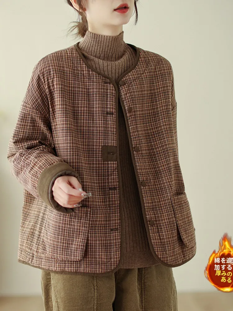 

Retro Plaid Linen Cotton Jacket Women Winter Lightweight round Neck Loose Baseball Coat Warm Cotton Outerwear Coat