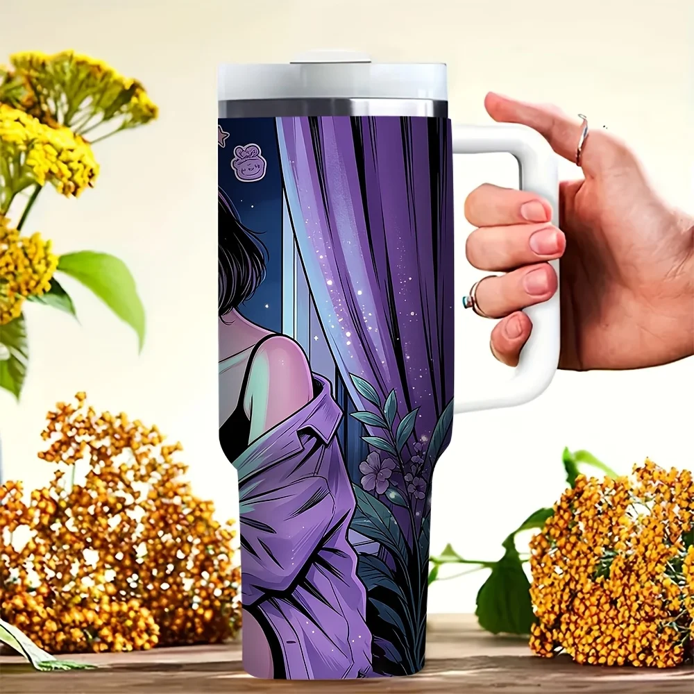 40oz Tumbler with Handle, Night Plants and Elegant Girl Graphic Print, Fits Both Hot and Cold Drinks, Suitable for Women, Perfect for Daily Use in Outdoor and Indoor Scenes