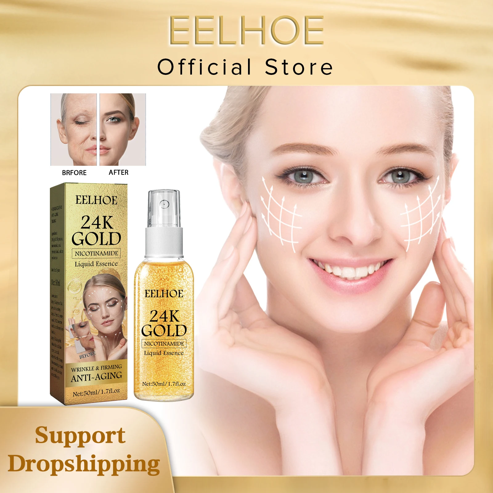 EELHOE 24k Gold Niacinamide Face Serum Wrinkle Lifting Firming Essence Reduce Fine Lines Facial Moisturizer Anti-Aging Skin Care