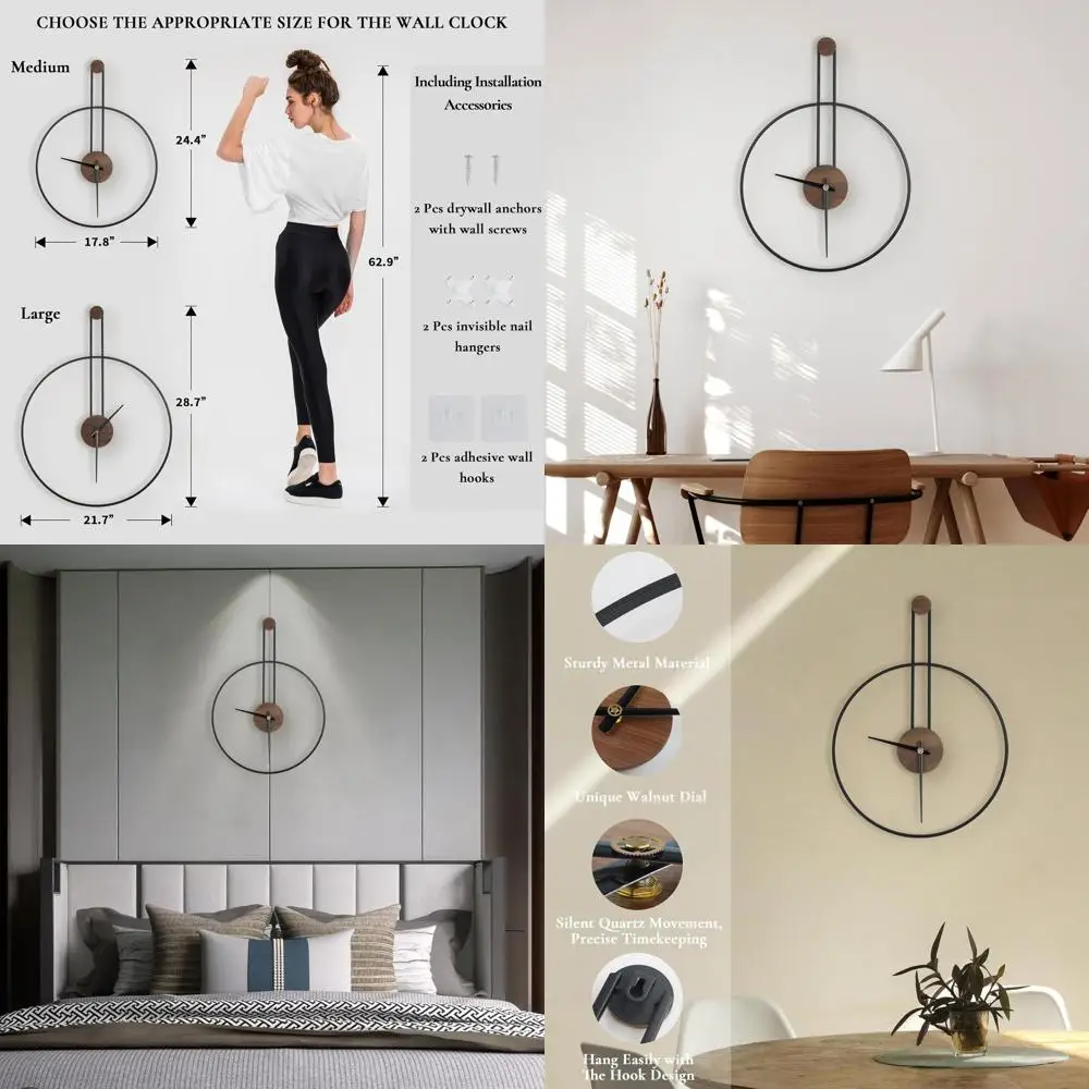

Большие бесшумные настенные часы из орехового дерева, 17.8x24.4, идеально подходят для дома, гостиной, кухни, офиса (черные, средние)