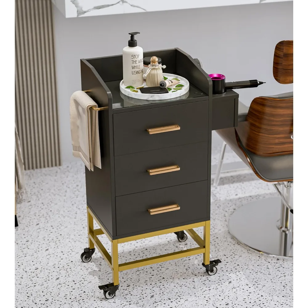 Salon Storage Trolley Cart with with Lockable Wheels, Beauty Rolling Hair Cart with Drawers& Dryer Holder, Salon