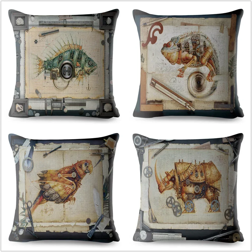 Steampunk Mechanical Animal Cushion Covers Home Decoration Pillow Case Sofa Dog Cat case Linen  Cover 45*45cm