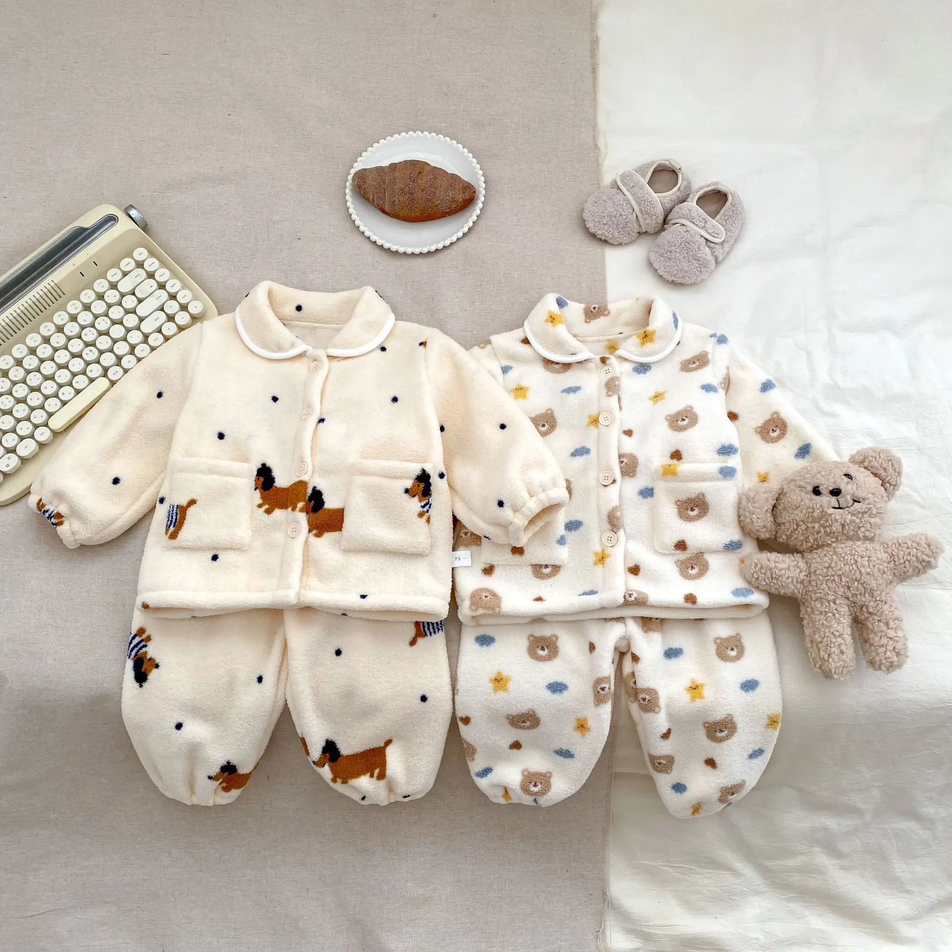2025 Winter Men's and Children's Thick Set Cute Cartoon Snow Fleece Warm Cardigan Home Clothes Outerwear Two Piece Set