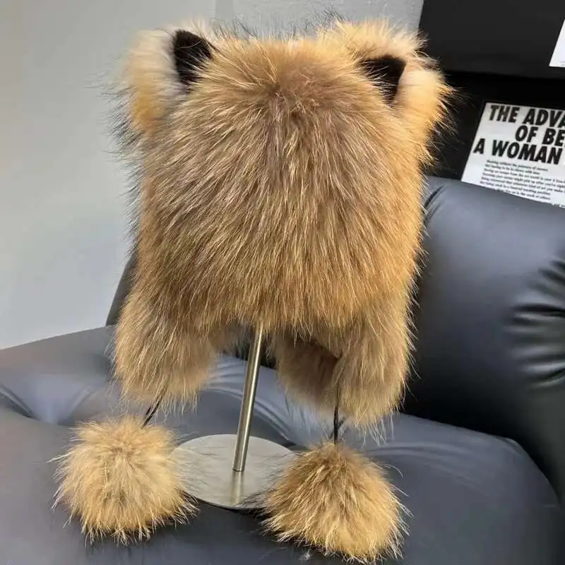 2026 Knitted Raccoon Fur Hat Winter Ear Protection Cap Lei Feng Bomber Hat Warm Thickened Fur Hat Outdoor Skiing Lady Fur Cap