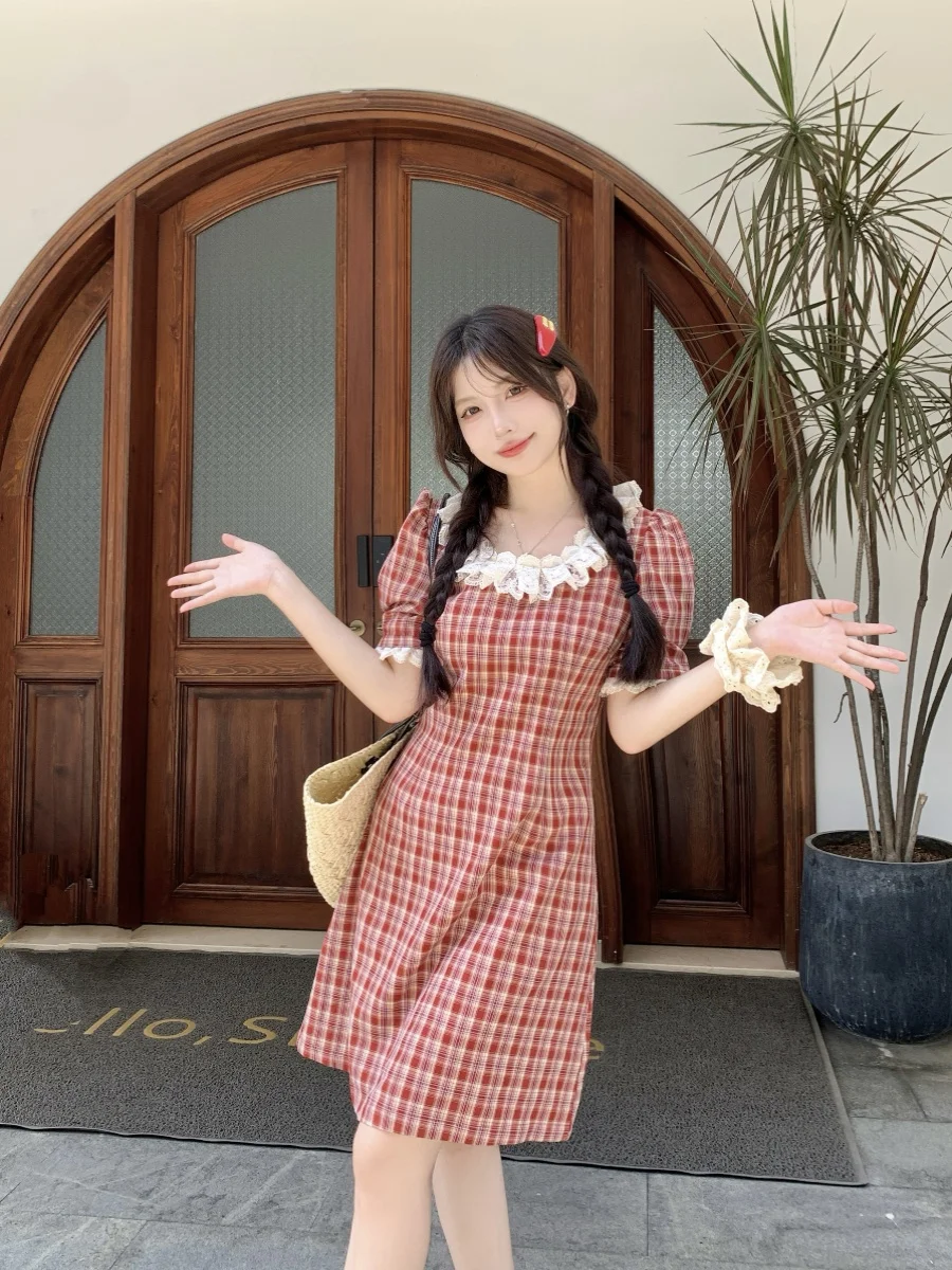 

plus Size Women's Vintage Plaid Lace Trim Bubble Sve Dr Summer New Sle ort Skirt A-Line Midi Dr Korean Sle