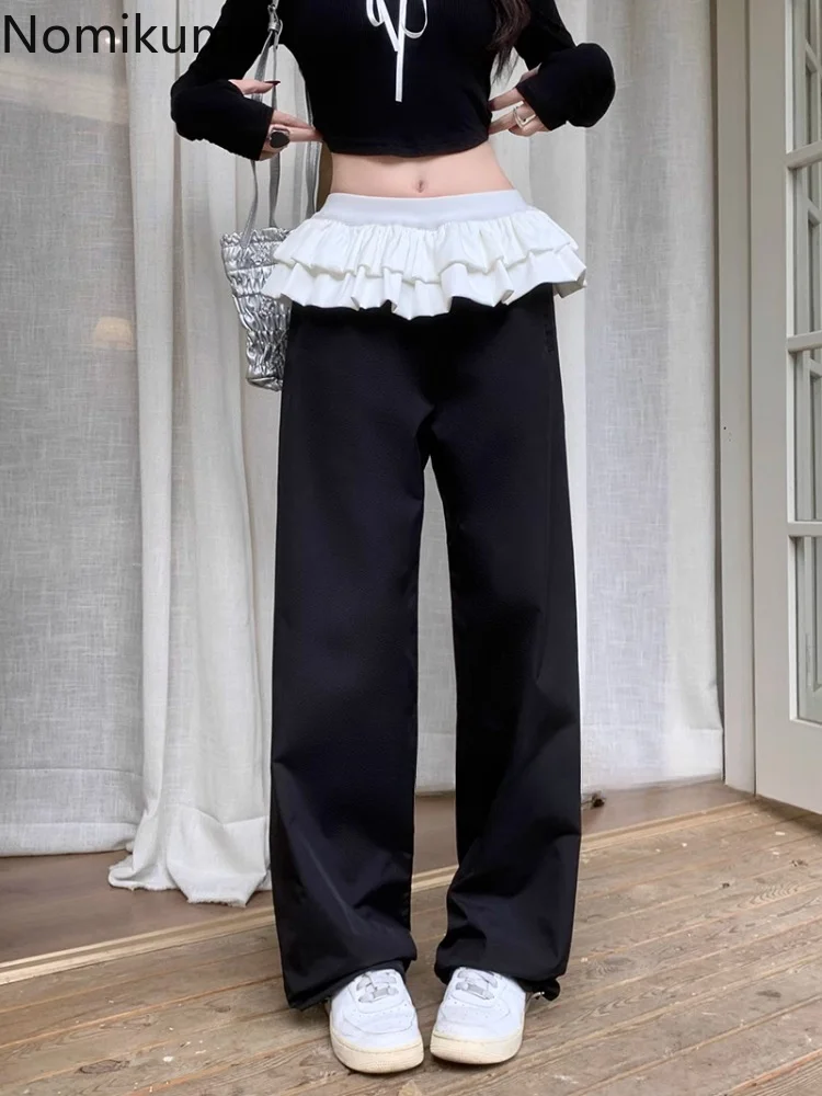 

Patchwork Ruffles Wide Leg Pants for Women 2024 New Bottoms Casual Fashion Trousers High Waist Straight Summer Pantalon Femme