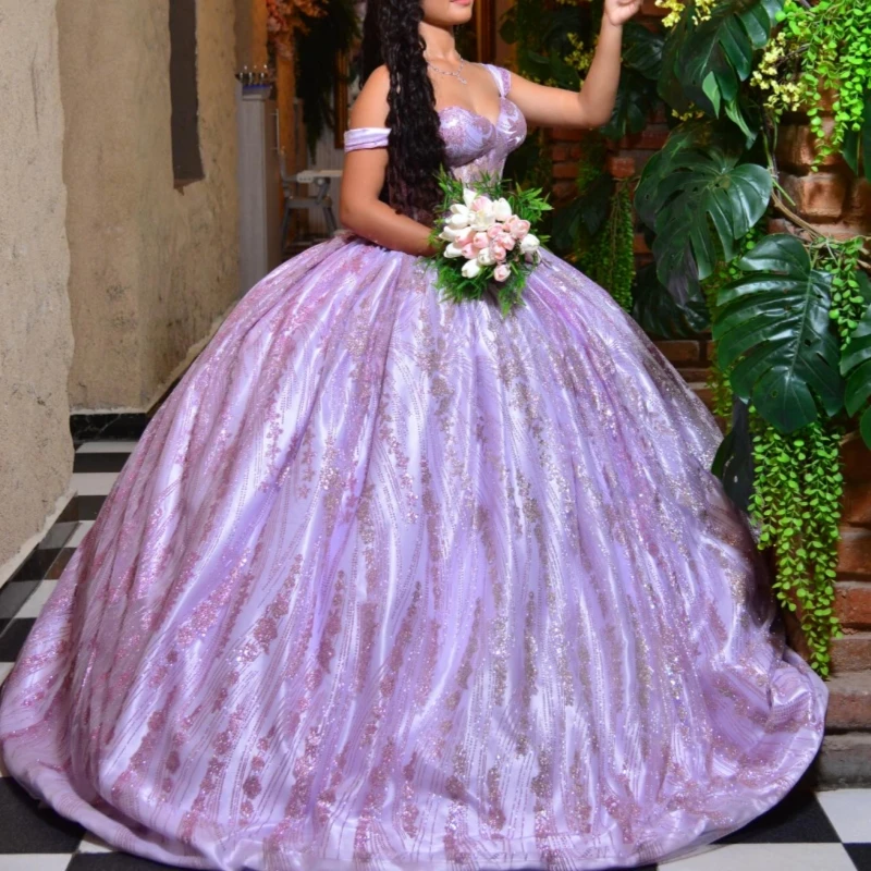 

Light Lilac Shiny Quinceanera Dresses Off The Shoulder Sequin Applique Lace Beading Tull Party Birthday Sweet 16 Dress Vestidos