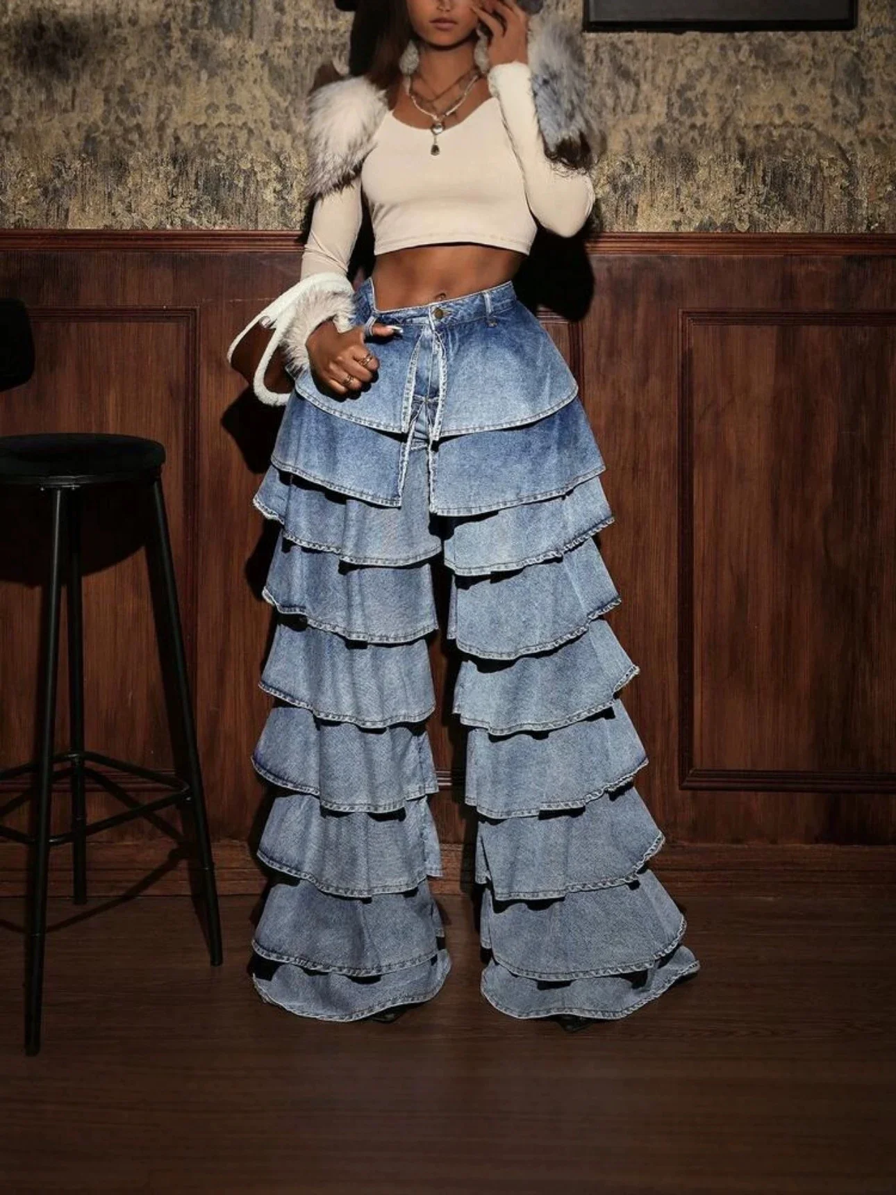 Women Tiered Ruffle Flare Denim Pants High Waist Multi Layer Ruffled Wide Leg Jeans Fashion Streetwear Bell Bottom Trousers