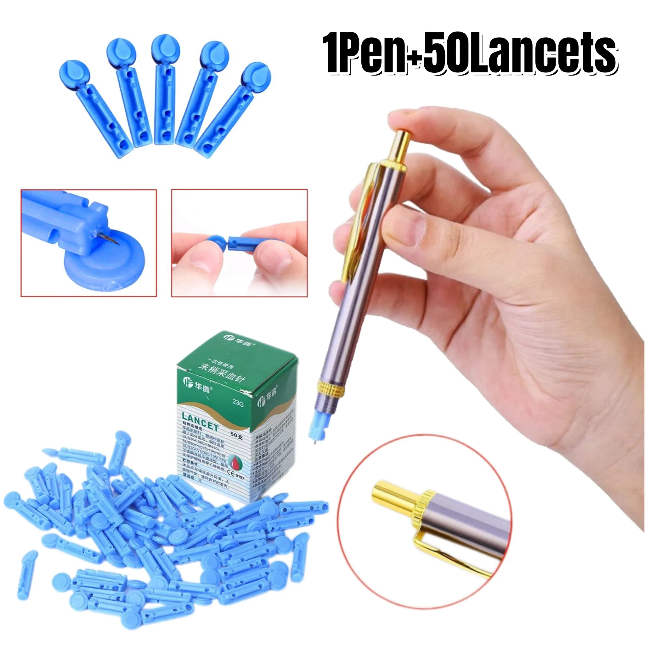 

1Pen+50 Lancets Pen Adjustable Depth Blood Sampling Glucose Test Pen Lancing Device for Diabetics Blood Collect 23/26/28/30/33G