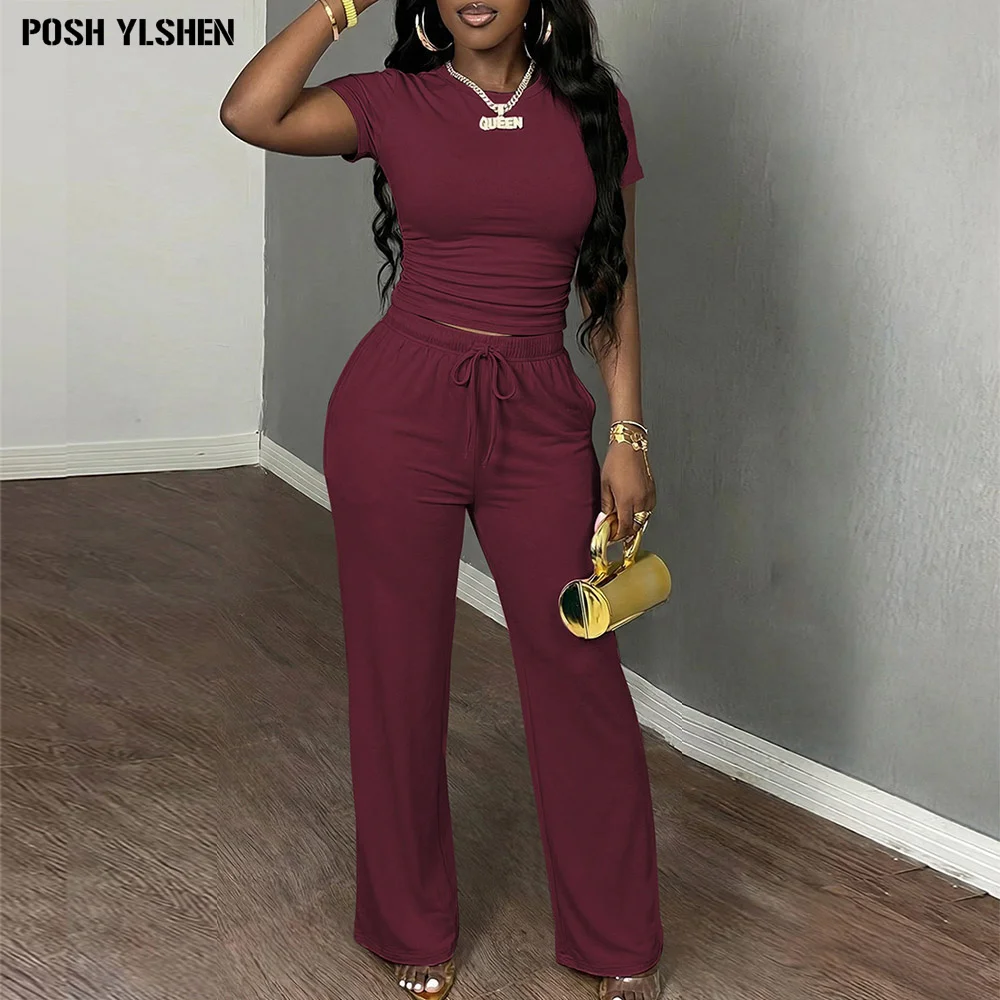 Women Autumn Two Piece Outfits 2 Piece Tracksuit Bodycon Folded Short-sleeved Drawstring Wide-leg Pants Sweatsuits Jogger Sets