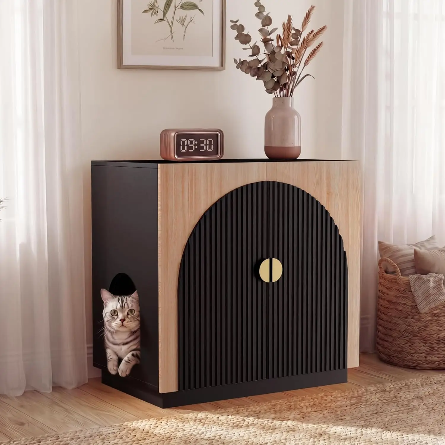 

Large Litter Box Enclosure, Fluted Hidden Cat Litter Box Cabinet with Storage, Symmetrical Curved Accent Sideboard, Customized