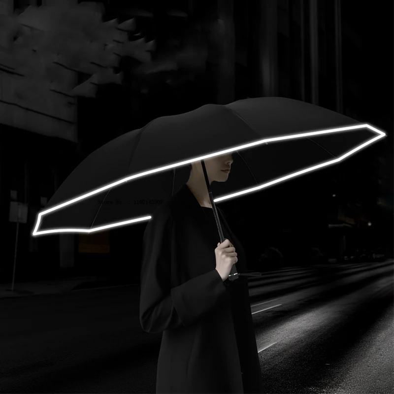 MIni Umbrella With Reflective Strip LED Light Three Fold Flashlight Umbrellas Car Automatic Reverse Rainshade Bumbershoot