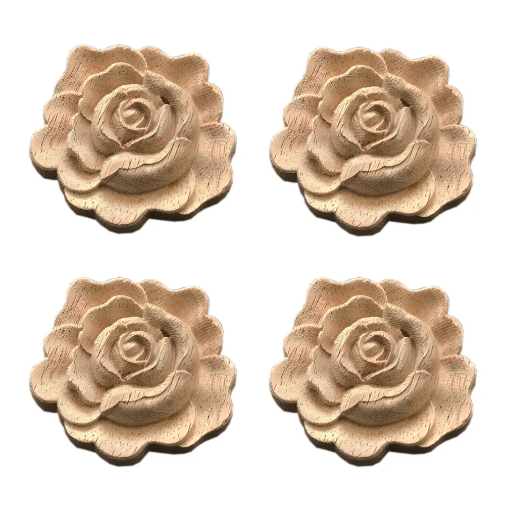 

4pcs 7x7cm Wood Carved Corner Onlay Applique Door Cabinet Rose Unpainted European Style Wood Mouldings Decal Furniture Decor