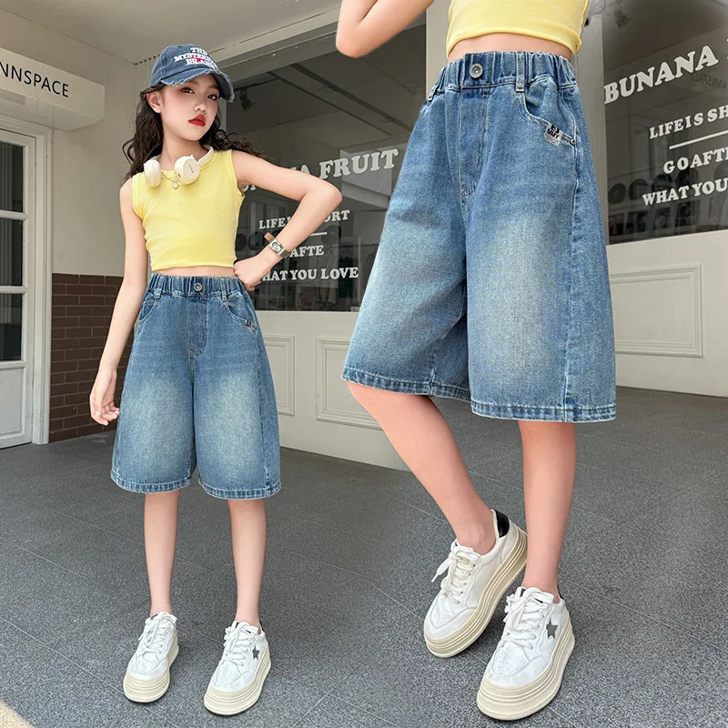 Summer Girls Denim Shorts Kids Blue Short Jeans Tween Trousers Kids Short Pants Toddler Casual Softy Knee Length Jeans Capris