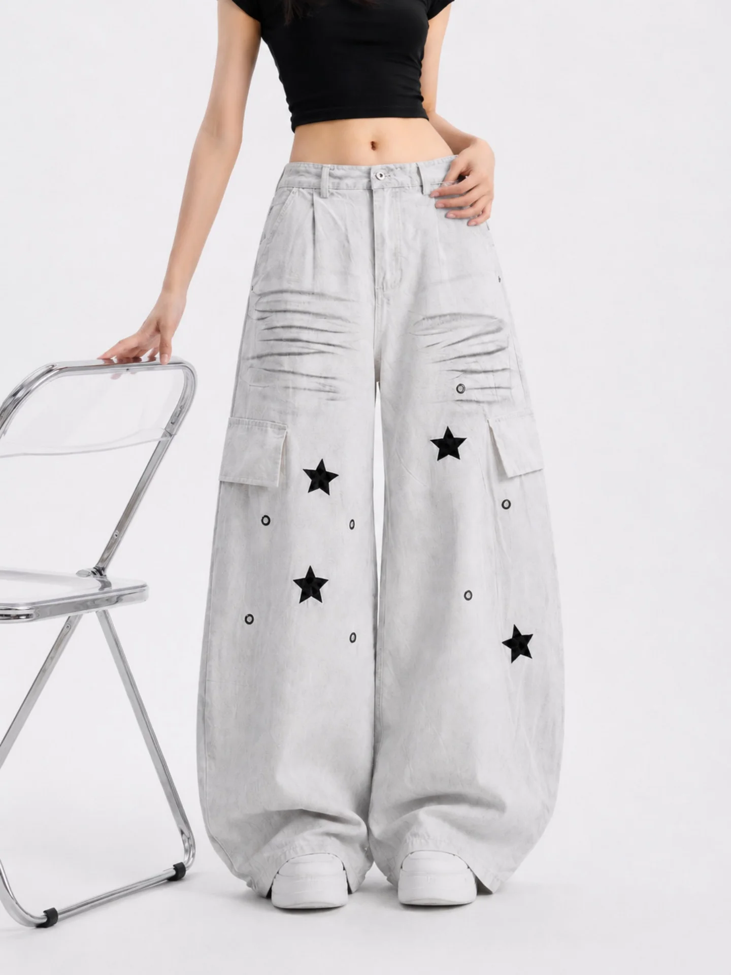American Style Star Printed Distressed Wide Leg Jeans Loose Fit Casual Straight Cut Trousers for Men And Women High Street Style