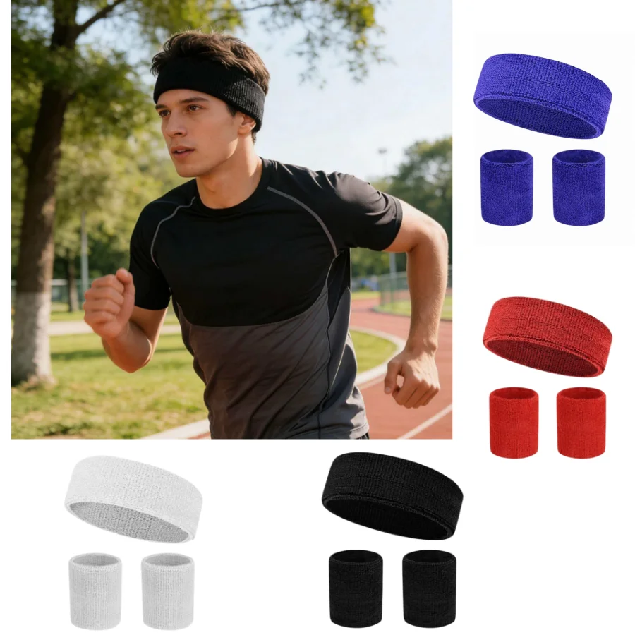 Sports Headbands & Wristbands Set Sweat Absorbing Athletic Sweatbands for Men Women Gym Running Basketball Tennis