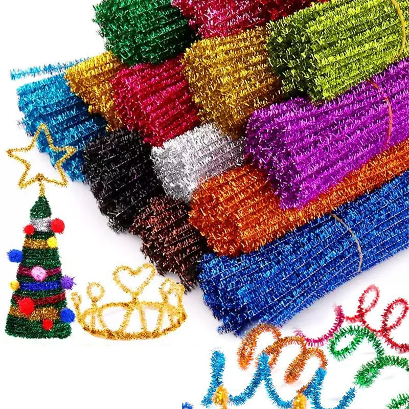 20/100 Glitter Chenille Stem Pipe Cleaners for Flowers Plush Metal Foil Colored Stem Wire Sticks Chenillewire for Kids Craft Toy