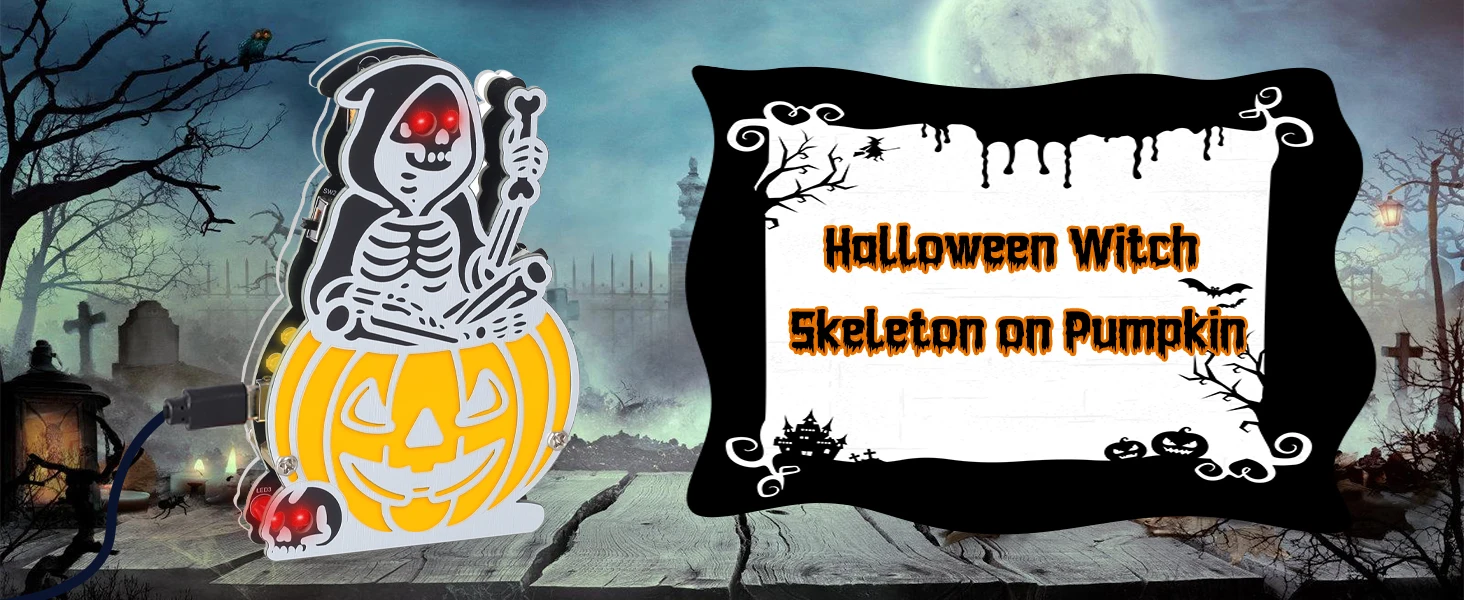 Halloween Hexen-Skelett-Kürbis-Lötprojekt mit 5 Lichtmodi & Gruselmusik STEM Elektronik-Set Gruselige Dekoration & Geschenke – Detail 1