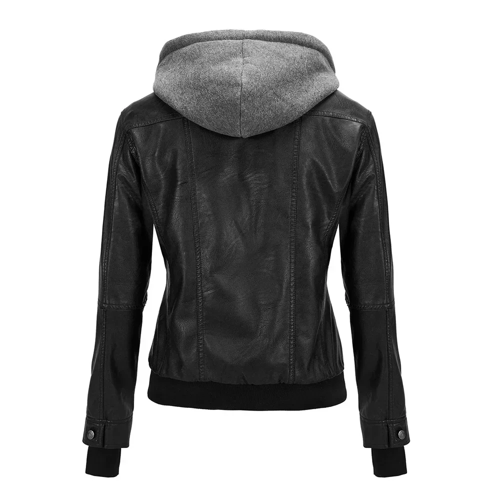 Hooded Detachable Hat Jackets Outwear Trend Women\'s Motorcycle Leather Jacket Coats Short Slim Fit Fleece-lined Leather Coats