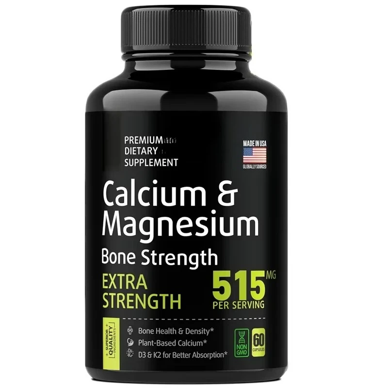 Suplementos de calcio y magnesio, suplementos para la fuerza ósea, alto contenido de calcio que contiene vitamina D y K2, 60 cápsulas