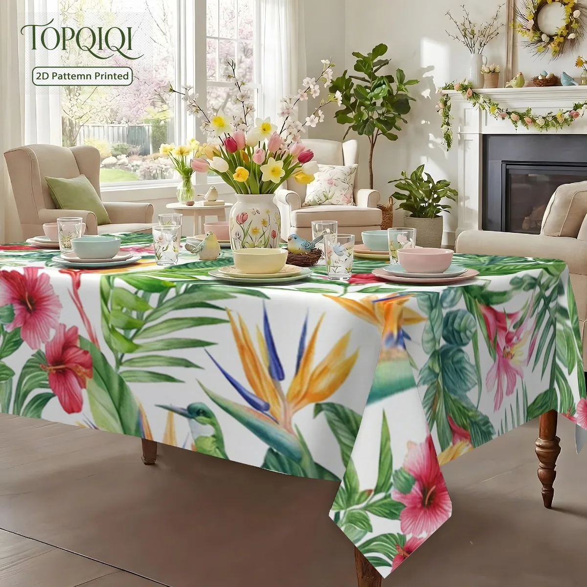1pc 2D Flat Printed Summer Fresh Tropical Hibiscus Tablecloth, Watercolor Bird of Paradise Palm Leaf All-Over Print Design, Clea