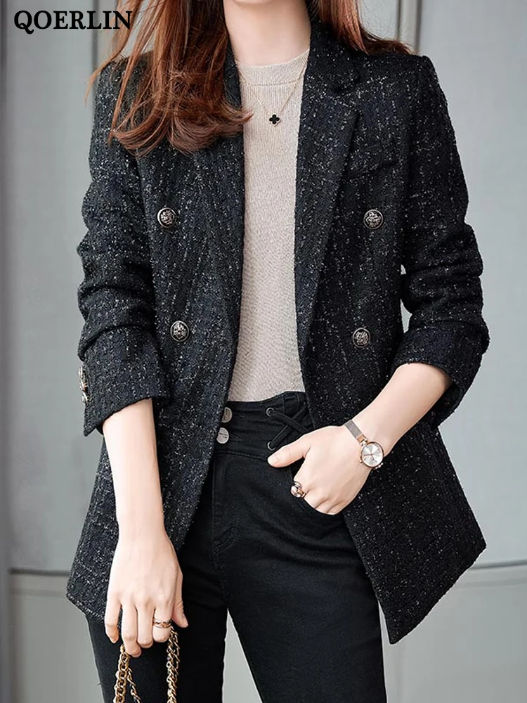 QOERLIN 5XL Women Winter Tweed Blazer Jacket Coat Thick Warm Long Sleeve Slim Elegant Casual Outwear Double-Breasted Overcoat