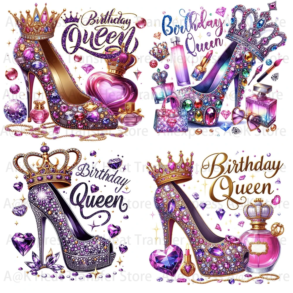 

Birthday Queen Heat Transfer Stickers On Clothes High heel DIY T-shirt Iron-On Patches for Clothing Crown Design Decal Printing