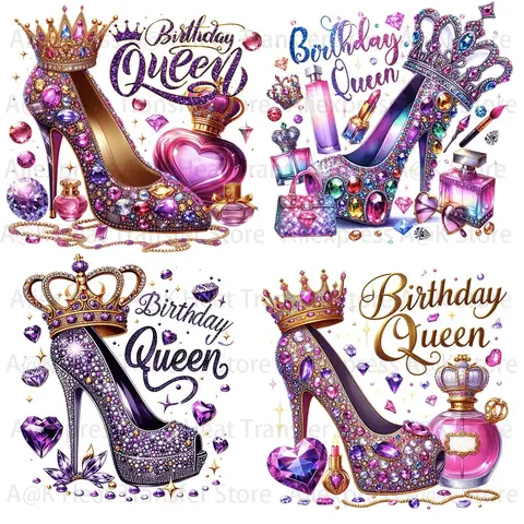 Adesivos Termocolantes para Roupas com Design de Coroa e Salto Alto, para Camisetas DIY, Decalques de Impressão para Vestuário, Tema Rainha de Aniversário