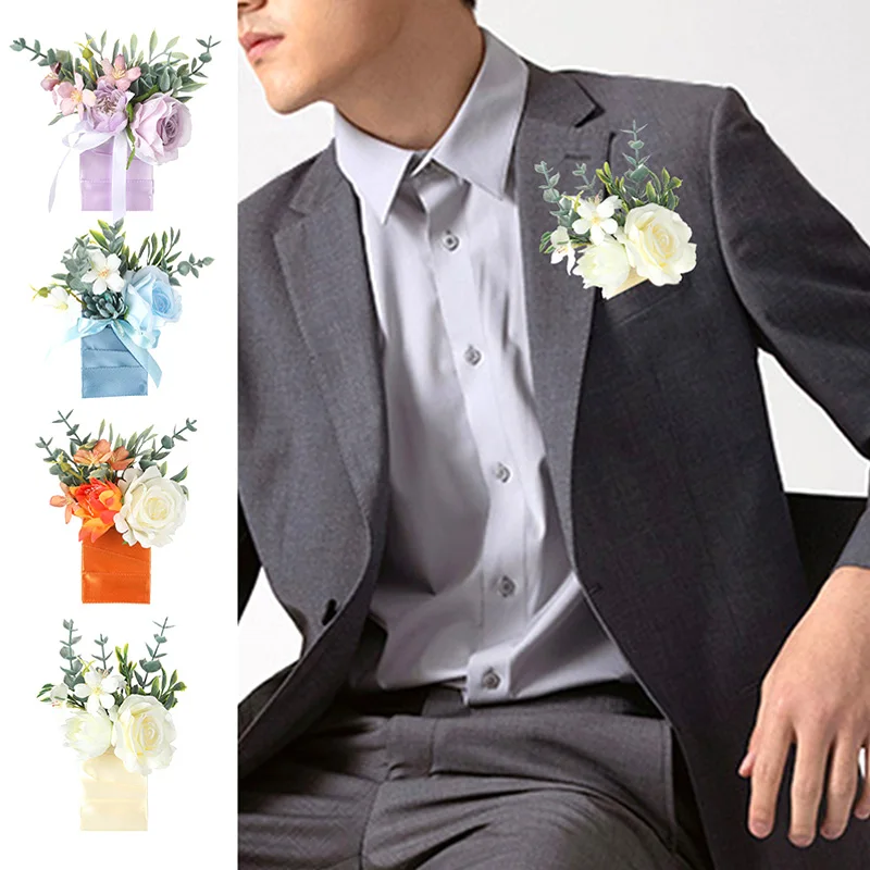 Ramillete de boda para hombres, flor de bolsillo, botonadura de padrino de boda, accesorios de matrimonio