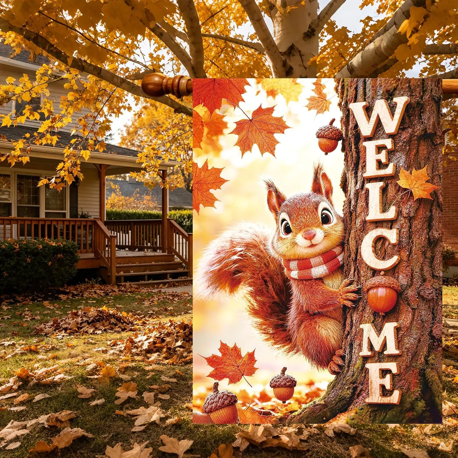Welcome Fall Garden Flag 28x40 Inch, Double Sided Squirrel Pattern Autumn Thanksgiving House Yard Flag, Outdoor Thanksgiving kkz